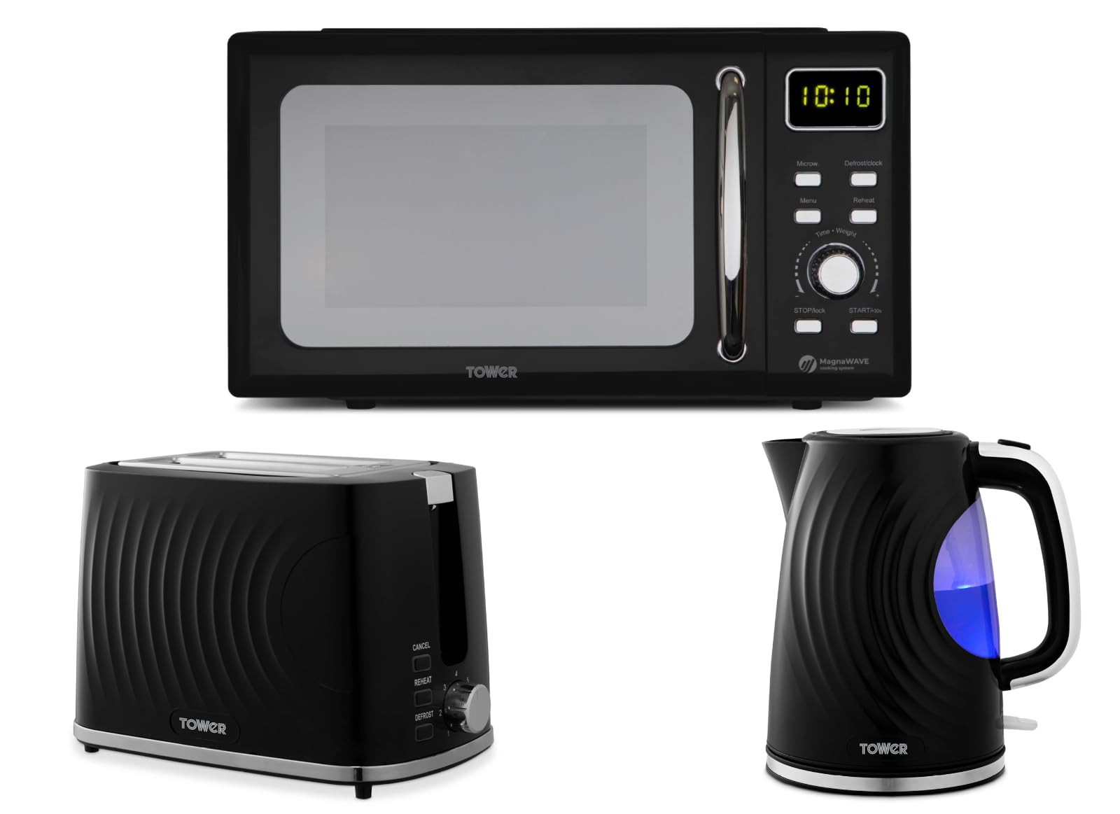 Tower Sonar Black 1.7L 3KW Kettle, 2 Slice Toaster & T240241BLK 800W 20L Digital Microwave. Contemporary Matching Kettle, Toaster & Microwave Set in Black