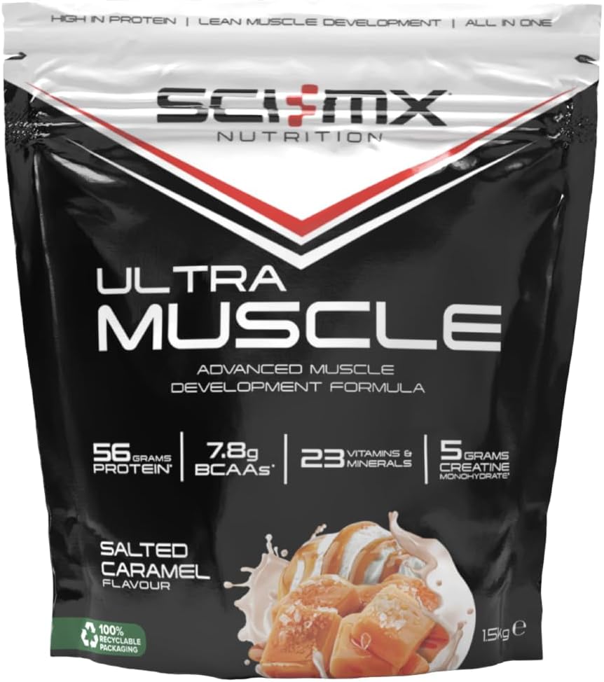 SCI-MX Ultra Muscle – Protein Powder for Muscle Development + 23 Vitamins & Minerals – Salted Caramel • 56g Protein + 5g Creatine + 7.8g BCAAs per Serving • 1.5kg