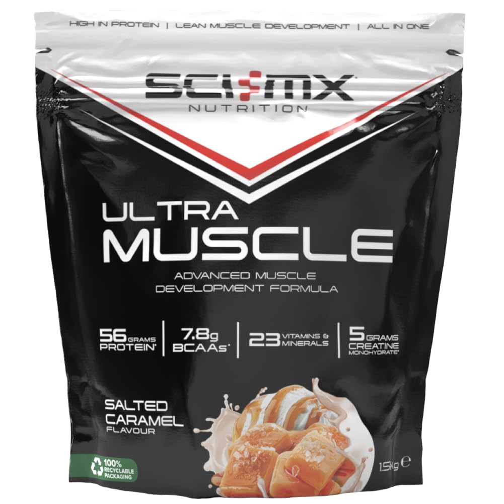 SCI-MX Ultra Muscle - Protein Powder for Muscle Development + 23 Vitamins & Minerals - Salted Caramel • 56g Protein + 5g Creatine + 7.8g BCAAs per Serving • 1.5kg