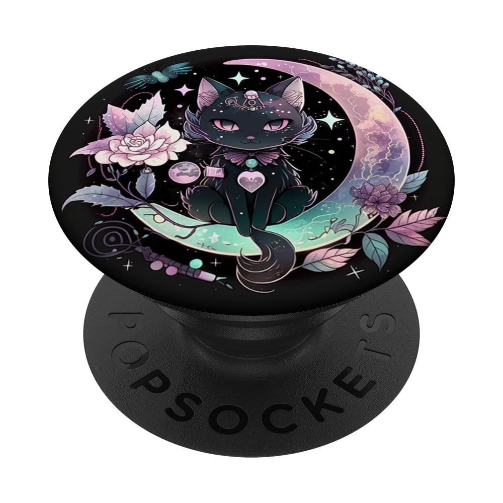 Moon Phases Crystal Witchy Cute Black Cat Kawaii Pastel Goth PopSockets Adhesive PopGrip