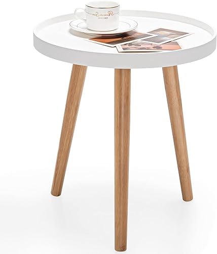 BANGTANE Mesa auxiliar redonda, moderna mesa auxiliar de sofá con bandeja de madera, soporte de trípode resistente y material premium, mesita de