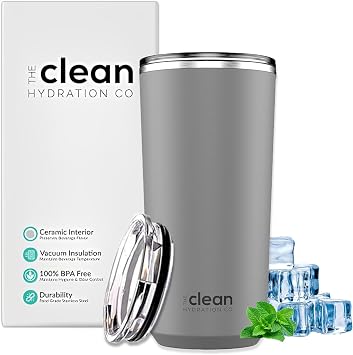 THE CLEAN HYDRATION CO. Insulated Ceramic Coated Tumbler 20 oz | Spill Proof Lid | Vacuum Insulated | Keeps Beverages Taste Intact, Gray