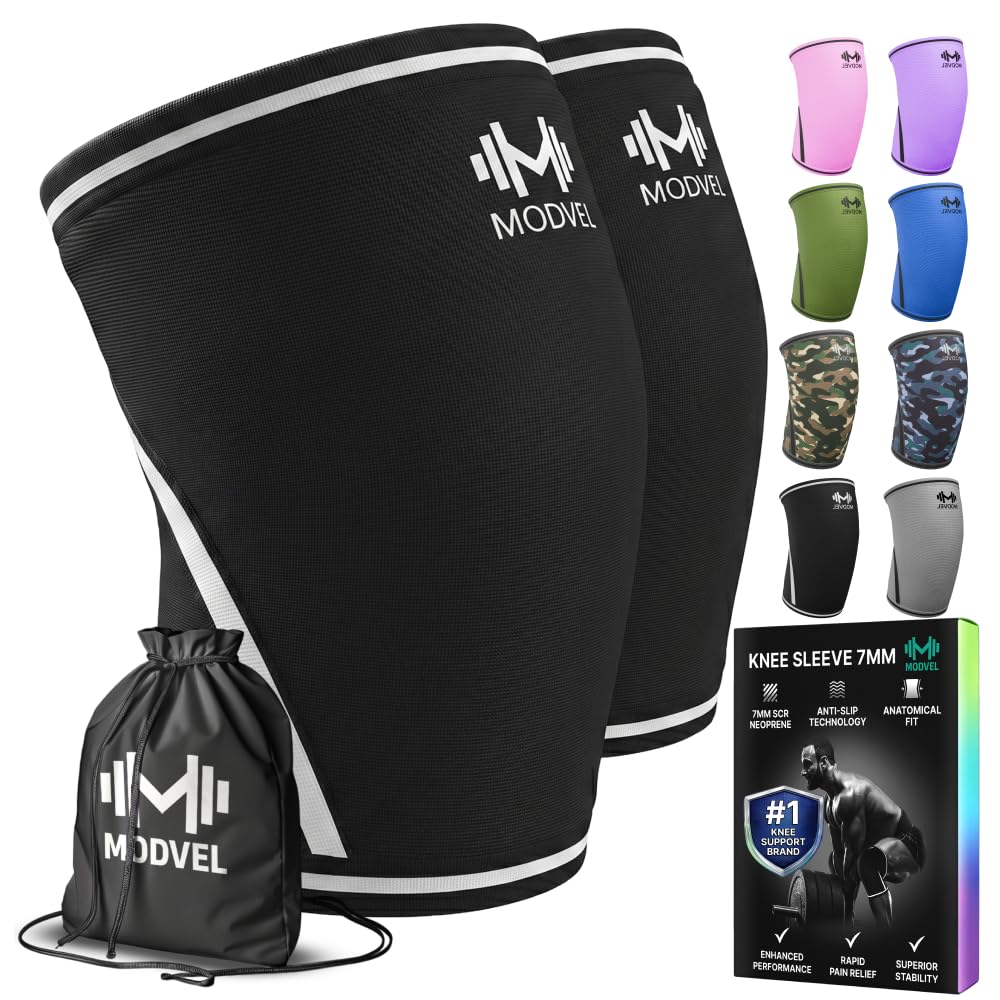 Modvel 7mm Neoprene Knee Sleeves for Men & Women Weightlifting & Powerlifting – Compression Knee Sleeve Support for Squats, Gym, Training – USPA, IPL Approved – Large Black/white (Pair)