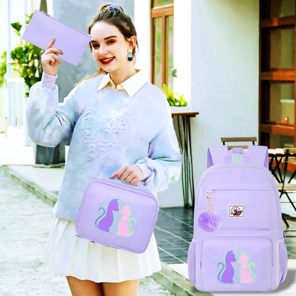 3PCS Cat Backpack, Water Resistant Girls Aesthetic Bookbag with Lunch Box, 18 Inch Cute Anti Theft School Bag Set for College Teenagers Senior Junior Elementary - Purple Cat