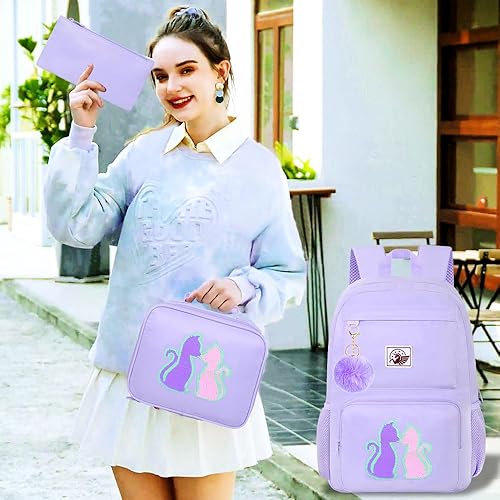 Miniatura 7 de gxtvo Mochila para niñas, 3 unidades, resistente al agua, estética, con lonchera, bolsa escolar de 17 pulgadas para adolescentes universitarios y
