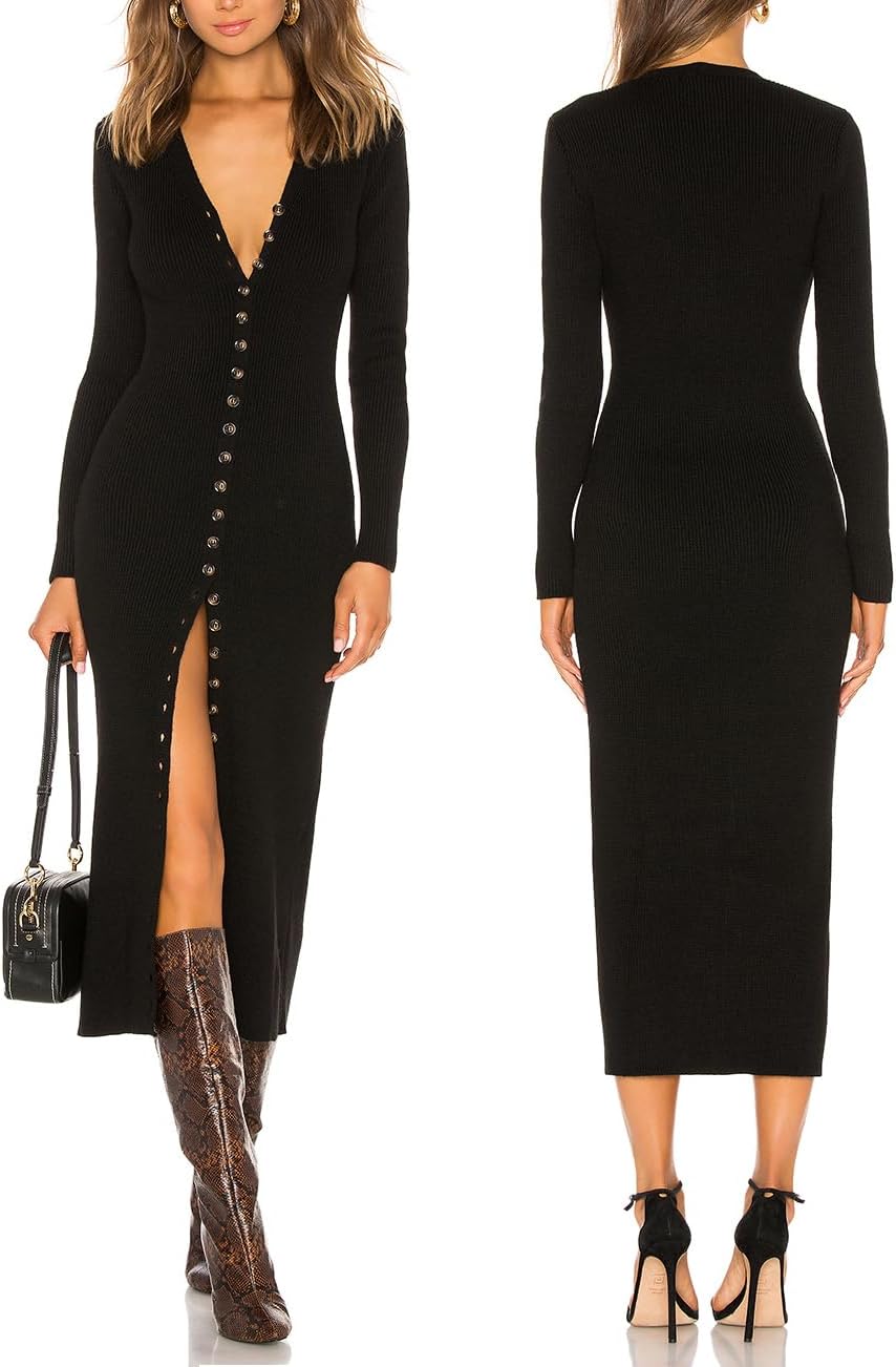 Capuffy Women's Button Down Sweater Maxi Dress Long Sleeve Open Front Long Cardigan Dress V Neck Fall Knit Bodycon Dresses 88