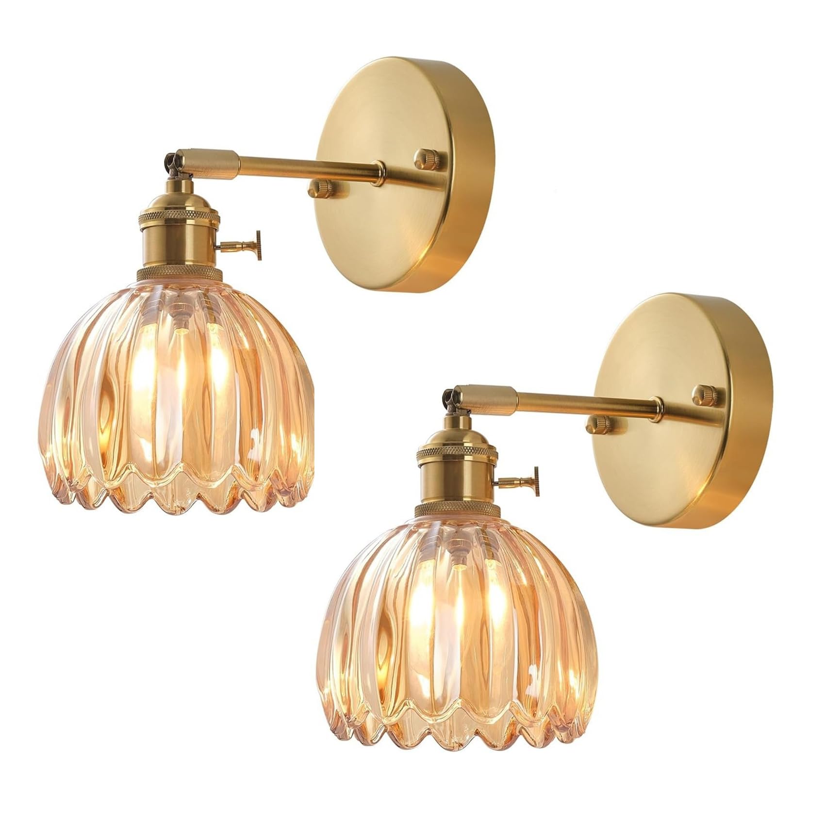Lfsem Amber Vintage Wall Light With Floral Glass Shade & Gold Metal Fittings, Angle Adjustable E27 Wall Sconce With Switch For Hallway Bedroom Bathroom Indoor Lighting (, 2 Pack)