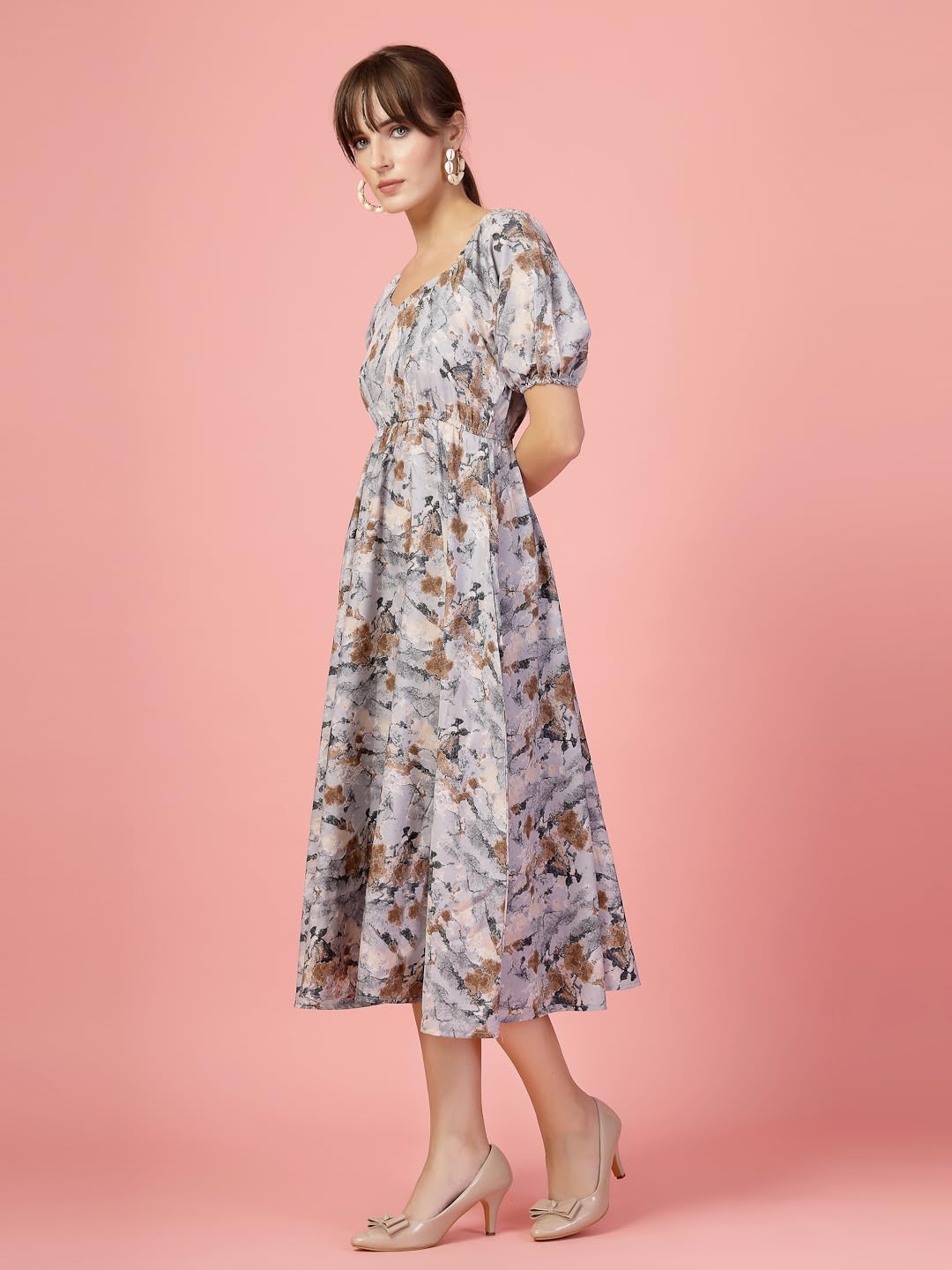 Oomph Flared Dress For Women Stylish | Long One Piece For Women | Puff Sleeve Long Dress | Floral Print Maxi One Piece | Western & Fusion Wear