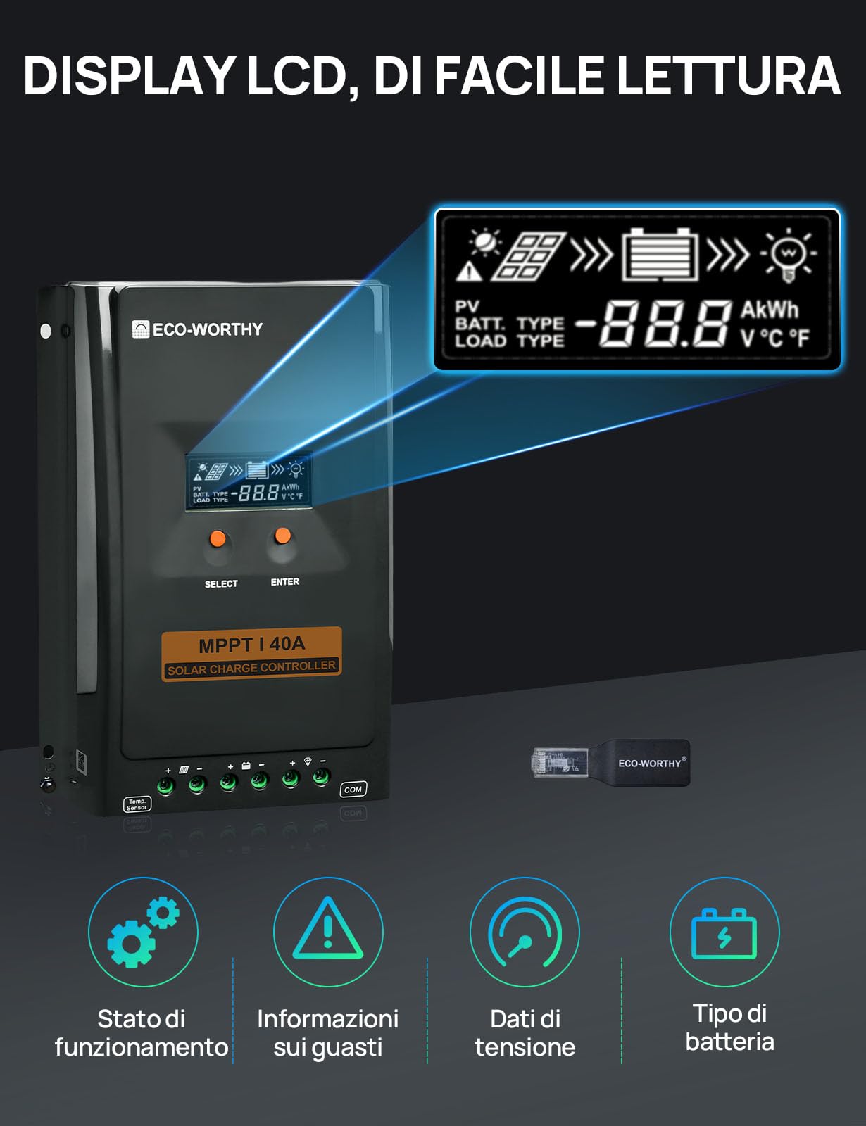 ECO-WORTHY Regolatore di carica 40A MPPT,Regolatore Solare 12V/24V con Display LCD, Monitoraggio Tramite App Bluetooth e RS485, Efficienza di Carica del 99% per Batterie al litio GEL SLA FLD
