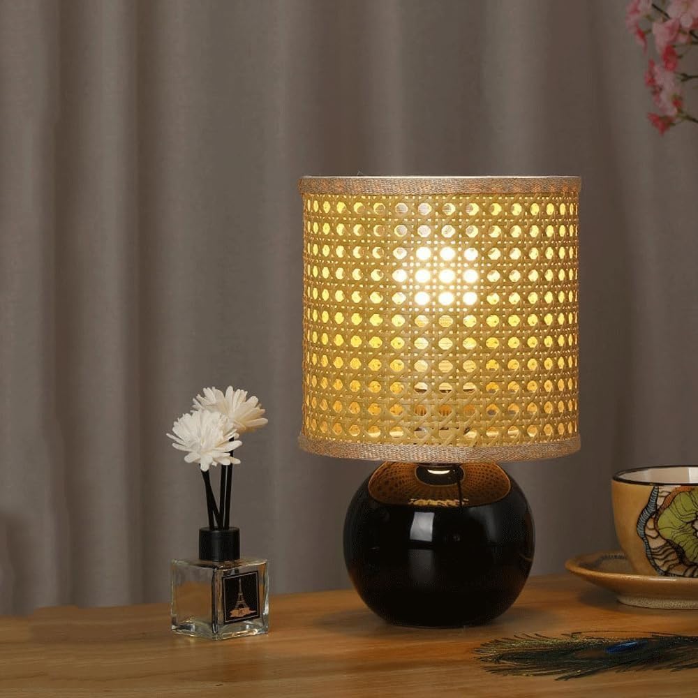 Boho Woven Rattan Table Lamp Small Cute Ceramic Table Lamp Black Mid Century Table Lamp Vintage Coastal Bedside Lamp Rustic Nightstand Lamp for Bedroom Living Room Home Office Farmhouse