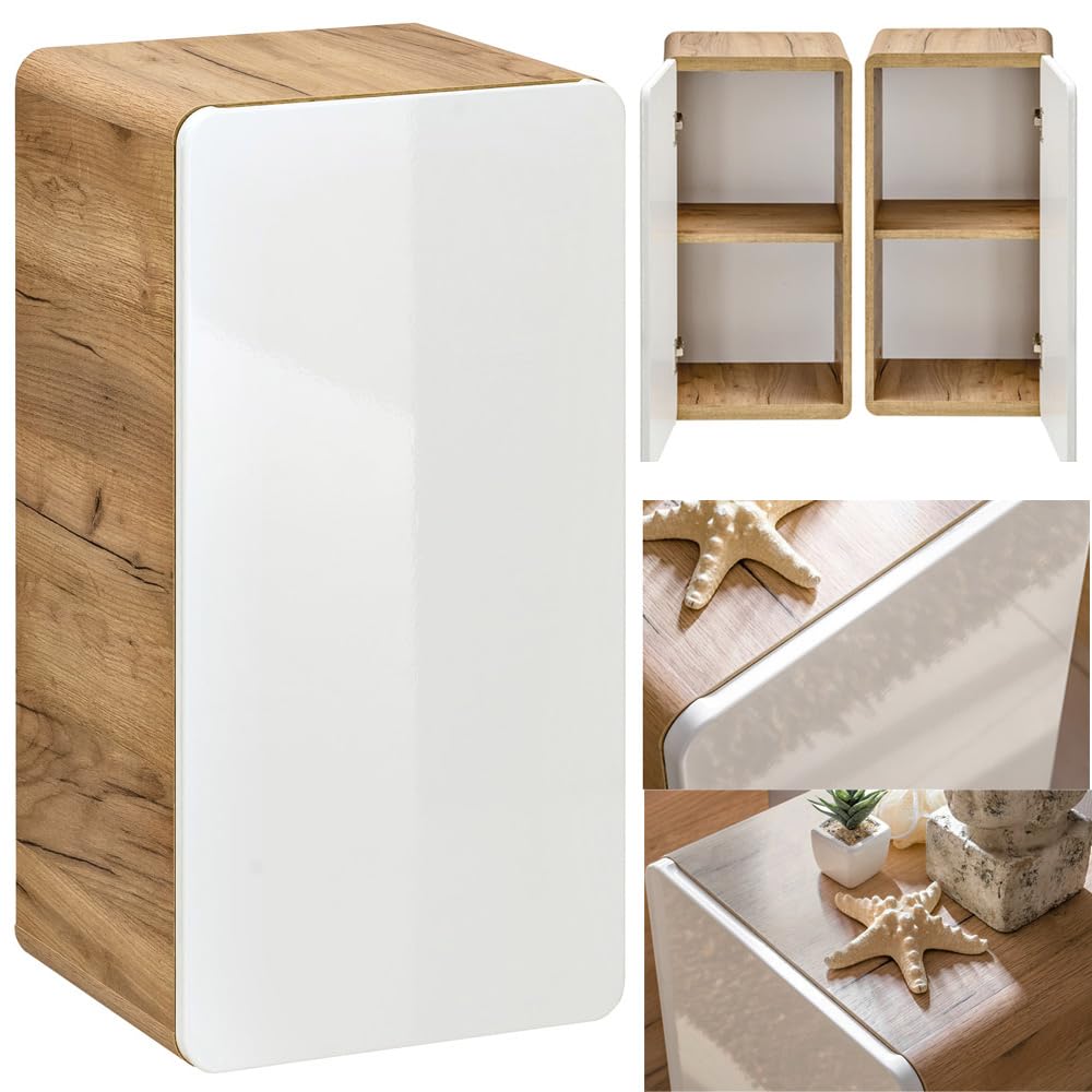 Lomadox Badmöbel Set in Hochglanz weiß mit Wotan Eiche Nb., Keramik-Waschtisch mit 81 cm Unterschrank, LED-Spiegelschrank, Hängeschränke, Hochschrank