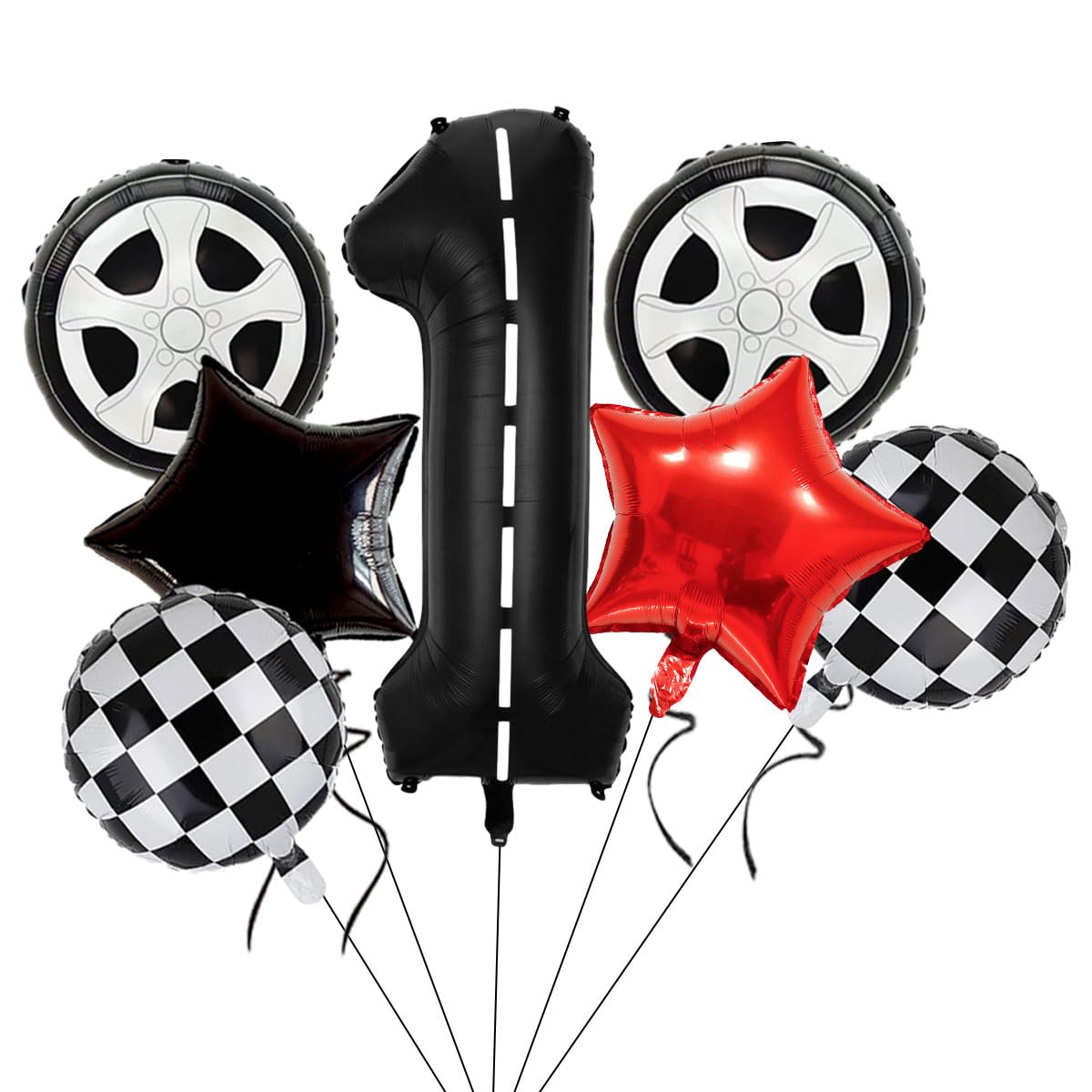 Race Car Birthday Balloons Decorations, 40 Inch Racetrack Black Number 1 Balloons, Large Mylar Black 1 Balloon for 1st Birthday Race Car Theme Party Decor Supplies 7 Pcs