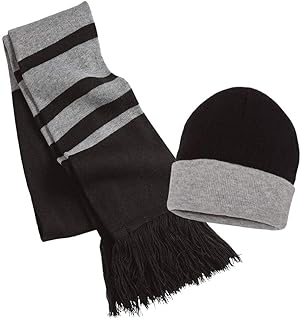 Couver Scarf & Beanie Hat Set for Women - Collegiate Rugby Stripe Winter Cap (Black/Heather Grey)