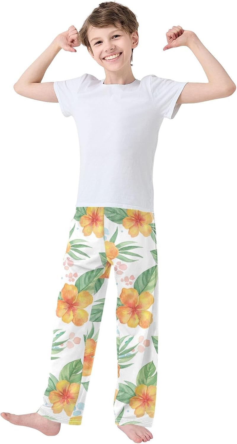 Orange Tropical Flower Green Leaf Pajama Pants Soft Cozy Lounge Sleepwear Elastic Waist with Pockets