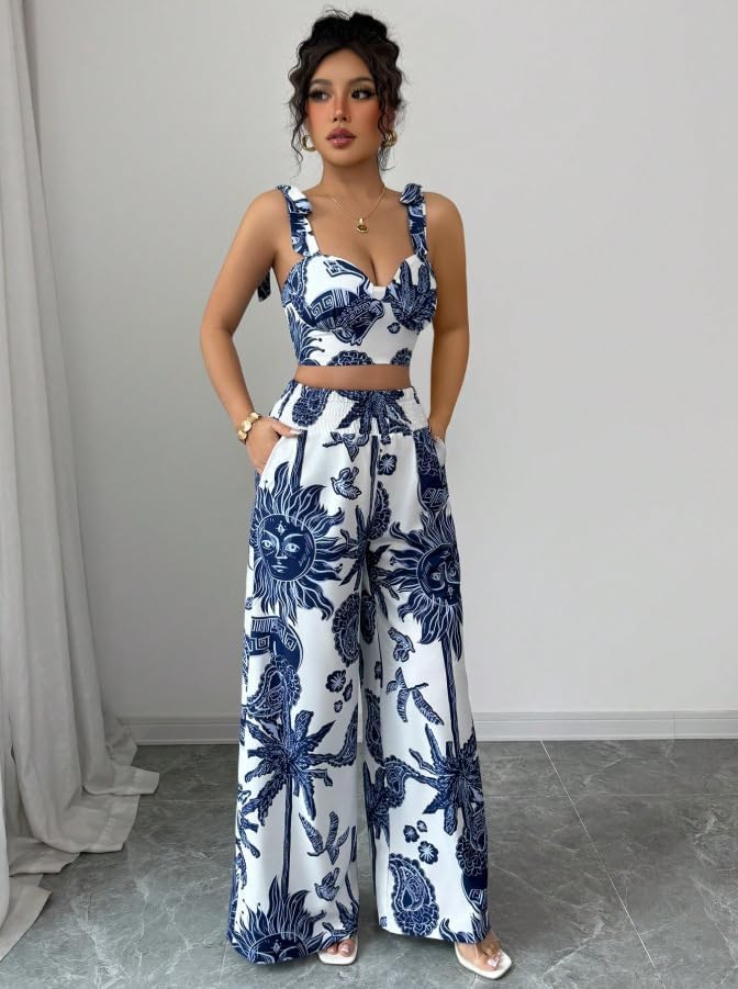 THLAI Summer Women 2 Piece Outfits Print V-Neck Cami Crop Top and Smocked Wide Leg Pants Set Vacation Outfits - Image 4