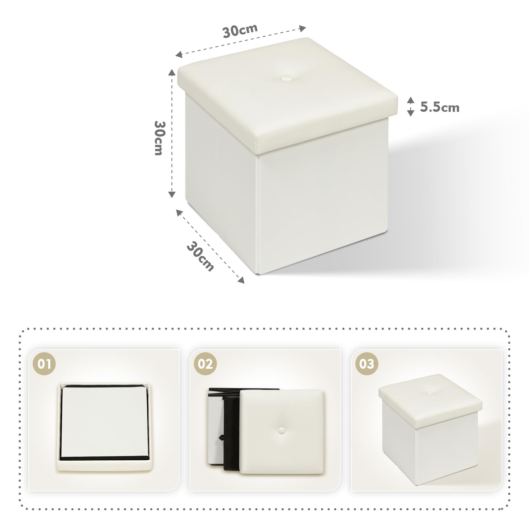 Bonlife Pouf Contenitore Poggiapiedi Sgabello Basso Cubo Portaoggetti Pouf Ecopelle Salotto Camera da Letto Tavolino da Salotto Bianco 30x30x30cm