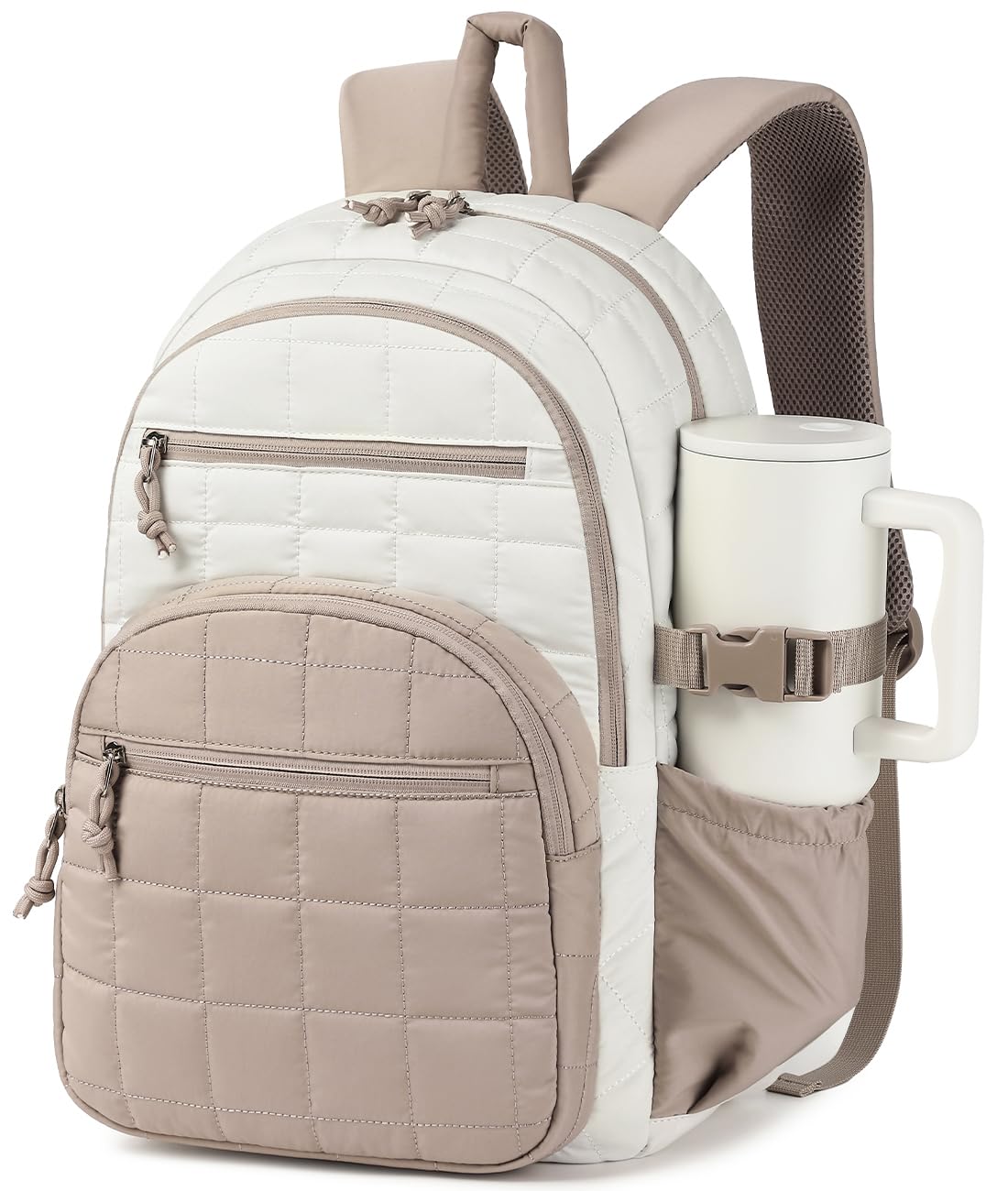 Laptop Backpack for Women, College Bookbag with Tumbler Holder Pocket for Nurse Teacher Work Travel, Quilted Puffer High School Backpack for Girls Big Student, White Camle