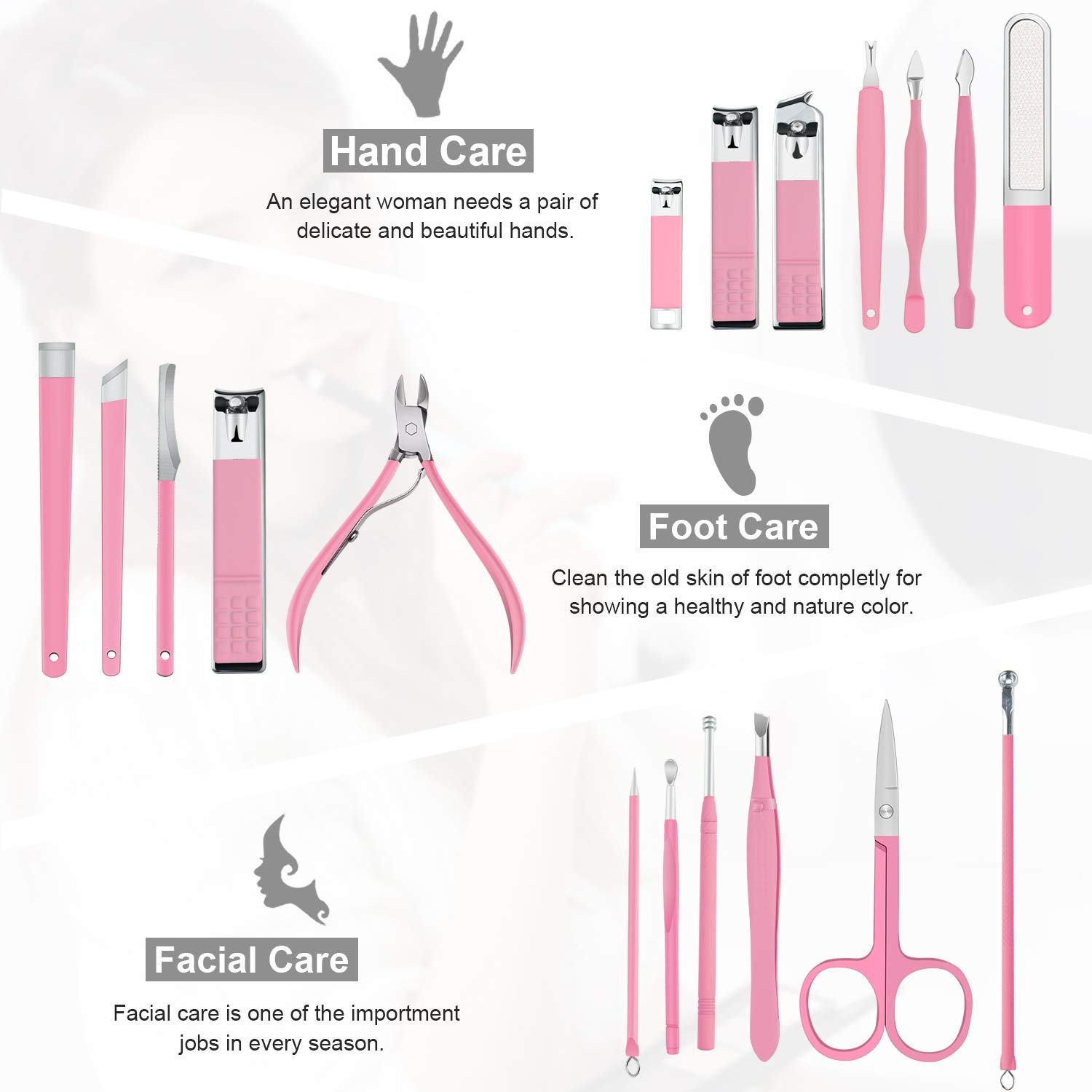 Keiby Citom Manicure Set 18pcs Professional Nail Clippers Kit Pedicure Care Tools-Stainless Steel Grooming Tools With Rose Gold PU Leather Case for Travel & Home (White Pink) - Image 4