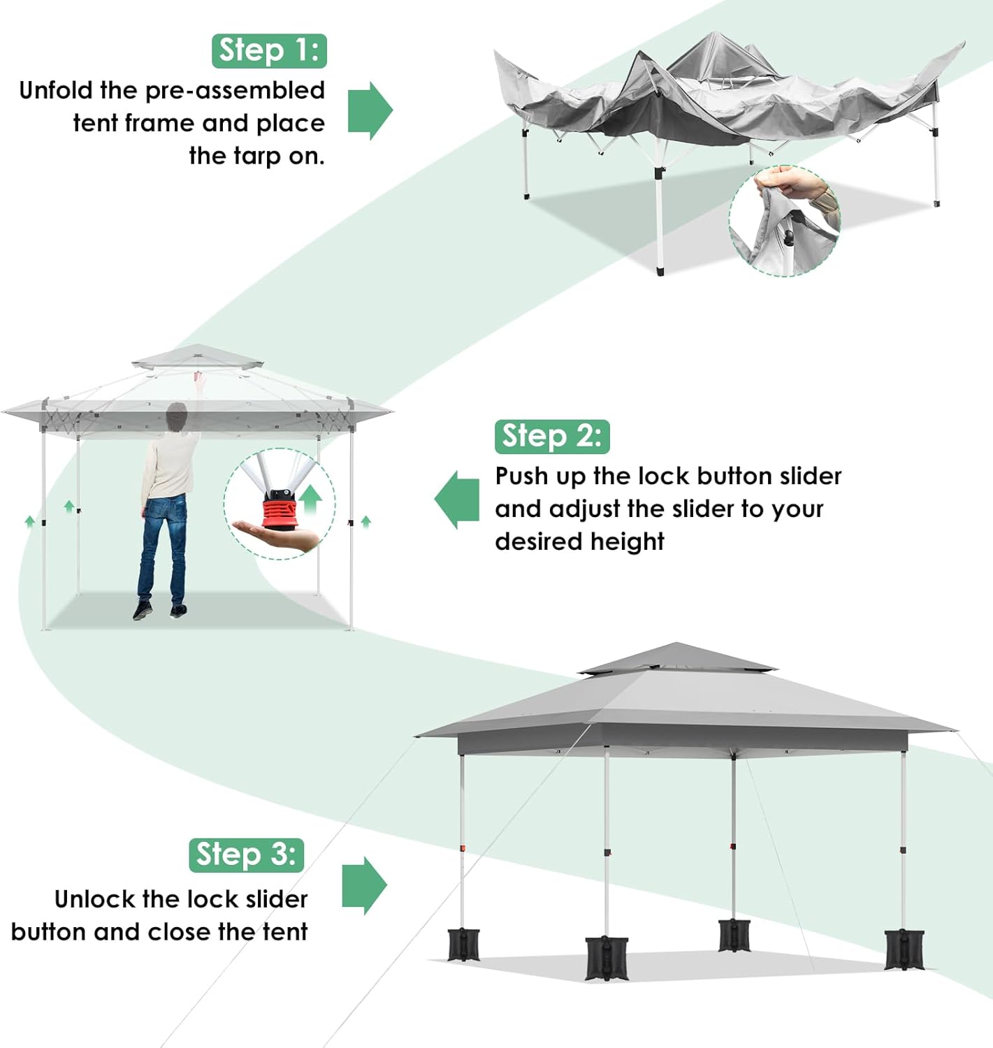 Arlopu Pop Up Canopy Tent with 1-Person Set up, Camping Instant Durable Shelter, Outdoor Gazebo Beach Shade with Wheeled Bag, 4 Sand Bags for Weight (Grey, 12FTX12FT)