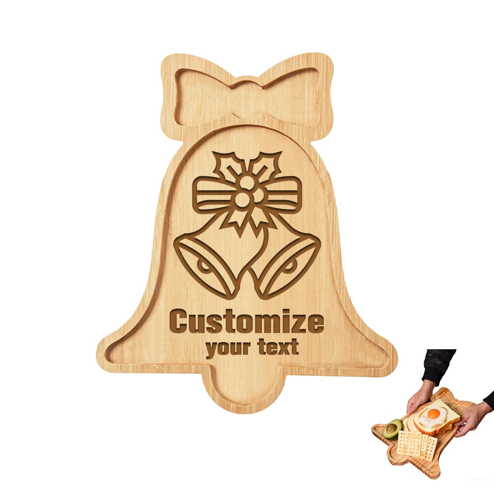 Rsqgt Bell Shape Personalized Christmas Wooden Tray, Decorative Candle Tray With Customized Text And Pattern, For Cheese, Snacks, Fruit Platter, Christmas Dishes (Bell Shape)