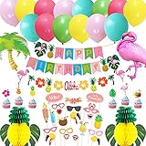 🌺【Alta calidad y lindo】Banner duradero de feliz cumpleaños y coloridos globos de estilo hawaiano, lindo y hermoso, colores brillantes, tema fresco, que incluye piña, flamenco, hojas de palma artificiales, guitarra, flores, cocoteros y otros elementos de verano para hacerte sentir. en un caluroso día de verano siente un poco de frío.