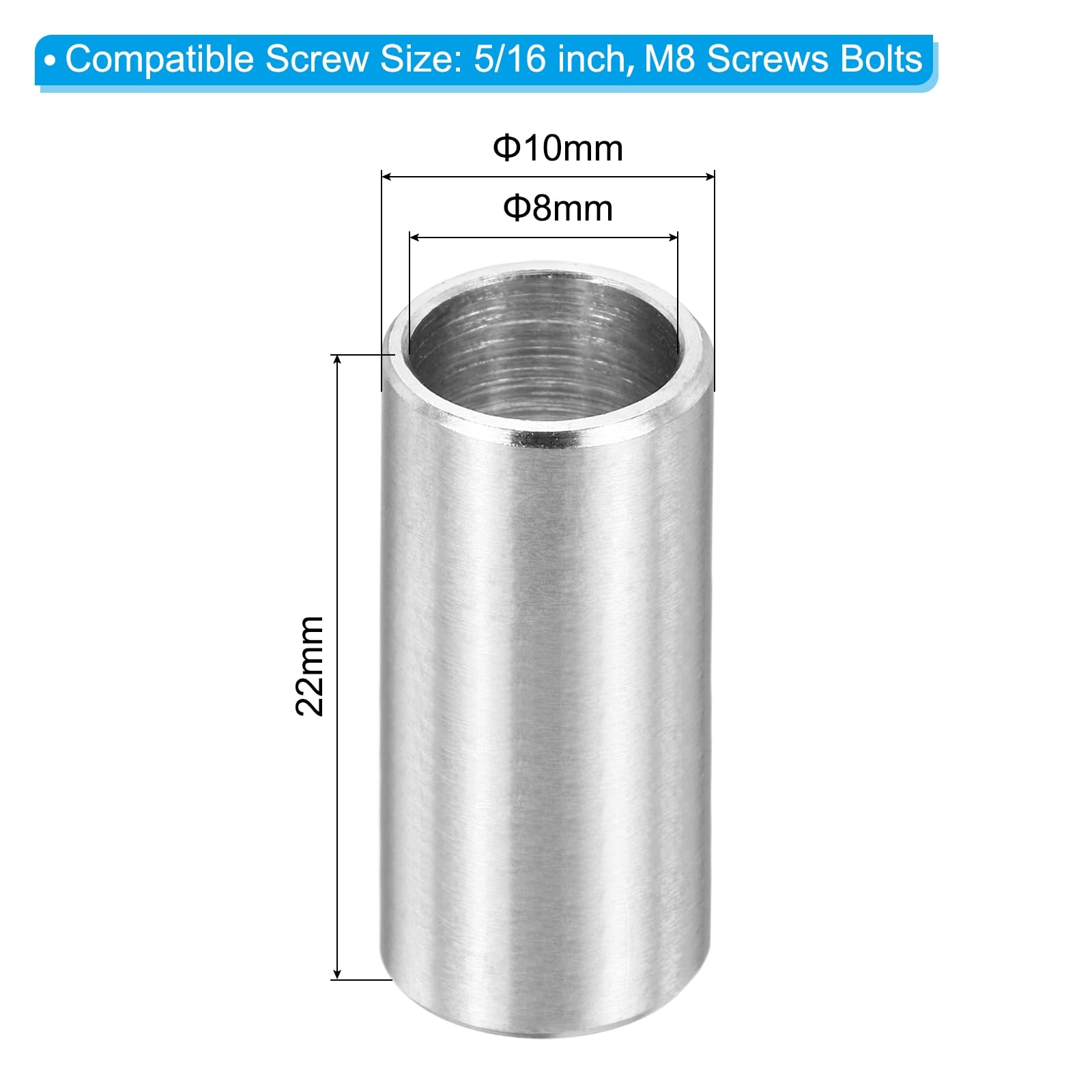 PATIKIL M8 Stainless Steel Spacers, 12Pcs Metal Spacer 8mm ID x 10mm OD x 22mm L Screw Standoff for 5/16" or M8 Screw - Image 2