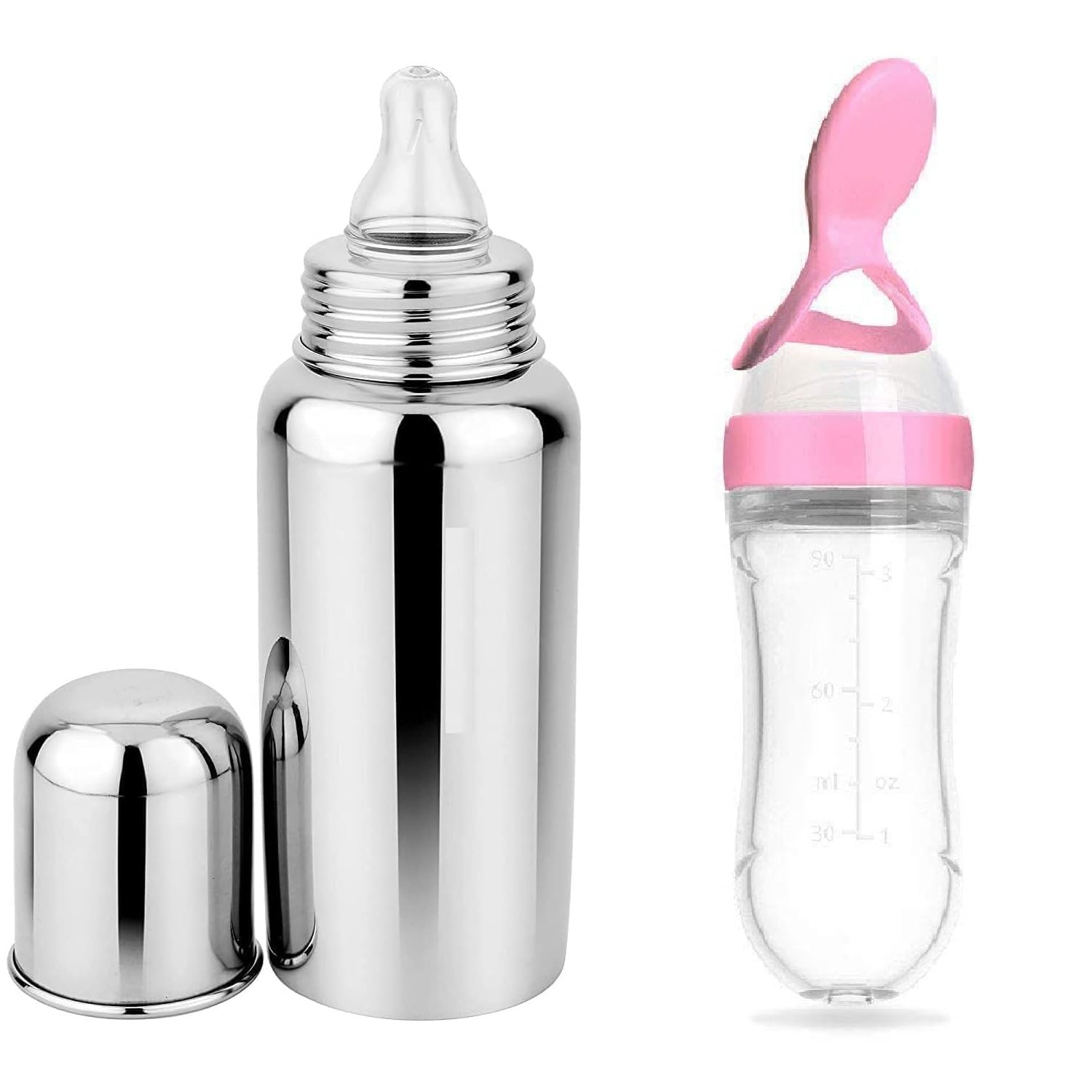 Drisona Baby Premium Steel Bottle for Milk Feeding & Pink Silicone Squeezy Spoon Bottle for Food Feeder BPA Free, 304 Grade Steel Soft Silicone pacifier for Infants Newborns of 0-2 Years (Pack of-2)