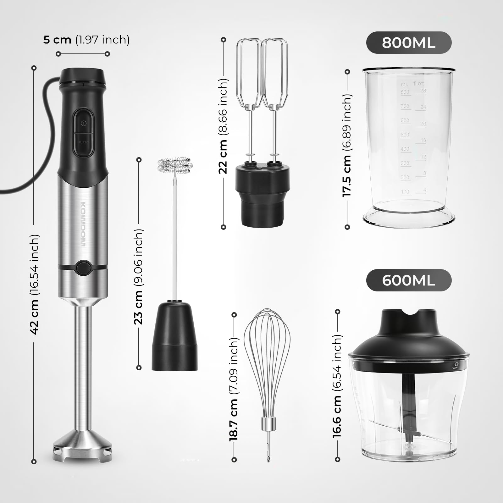 Mixeur Plongeant 1200W - Ensemble avec Hachoir Électrique 600ml, Mousseur à Lait et Pot 800ml - Soupes, Sauces, et Fruits - 12 Vitesses + Turbo en Acier Inox