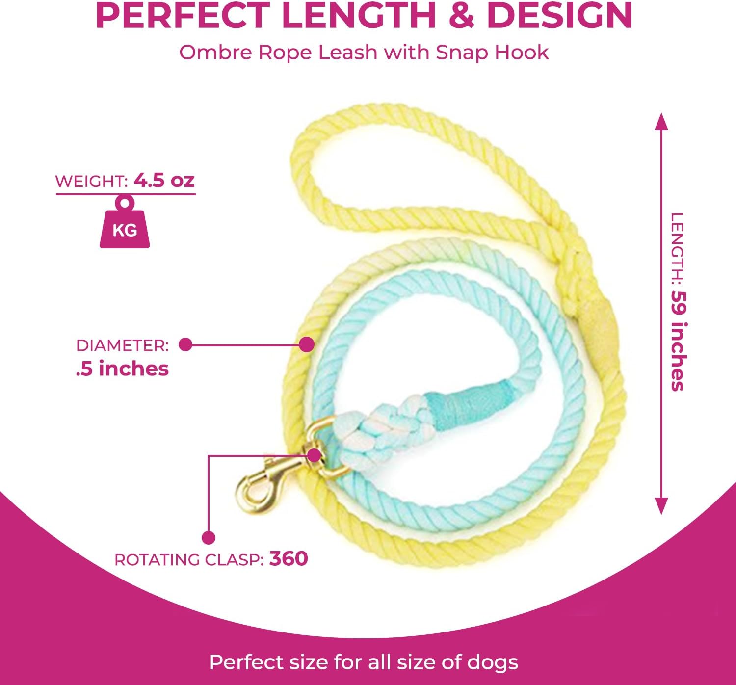 Glow Pups Leash, Yellow and Blue Rope Leash with Rustproof Swivel Hook, Durable Tie Dye Ombre Design, Comfortable Grip, Ideal 59-inch Length for Medium and Large Dogs - Yellow Blue