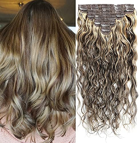 BEQUEEN Hair Clip in Human Hair Extensions, 100% Real Human Hair 8pcs 120g Wavy Remy Real Natural Hair Extensions Omber Mixed Color for Women (16 inch, F1B/27)