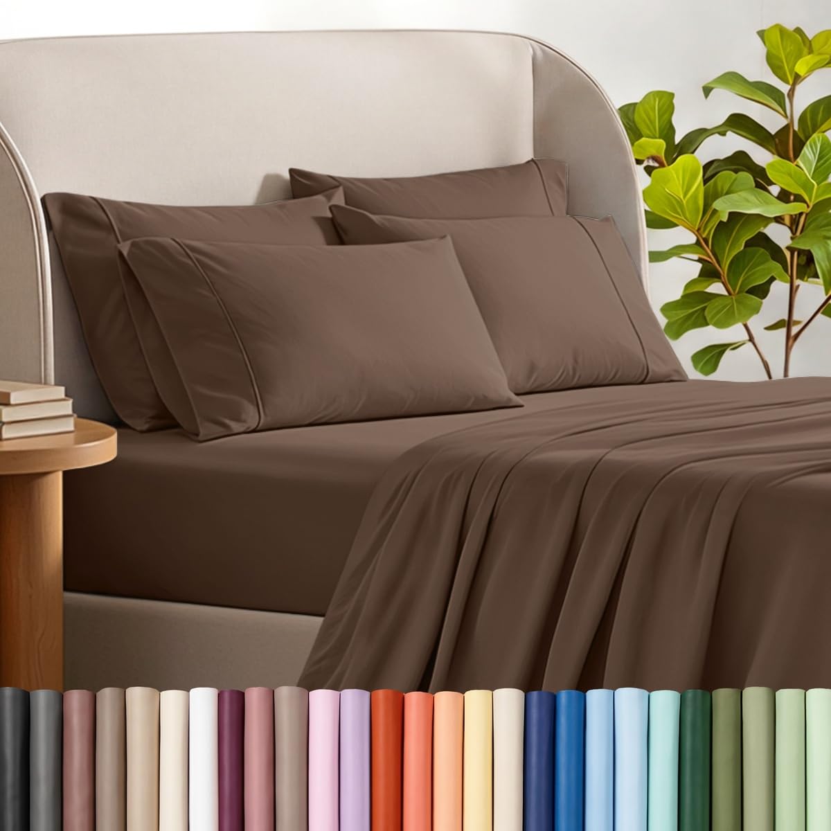 Bare Home Sheet Set 1800 Ultra-Soft with 4 Pillowcases (Queen, Cocoa)