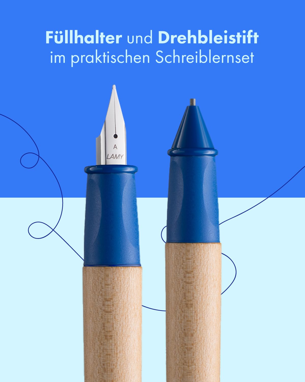 Lamy abc - Set per imparare a scrivere, in confezione regalo, 1 penna stilografica per bambini con pennino fine e 1 matita, impugnatura antiscivolo, cappuccio e cubo in plastica