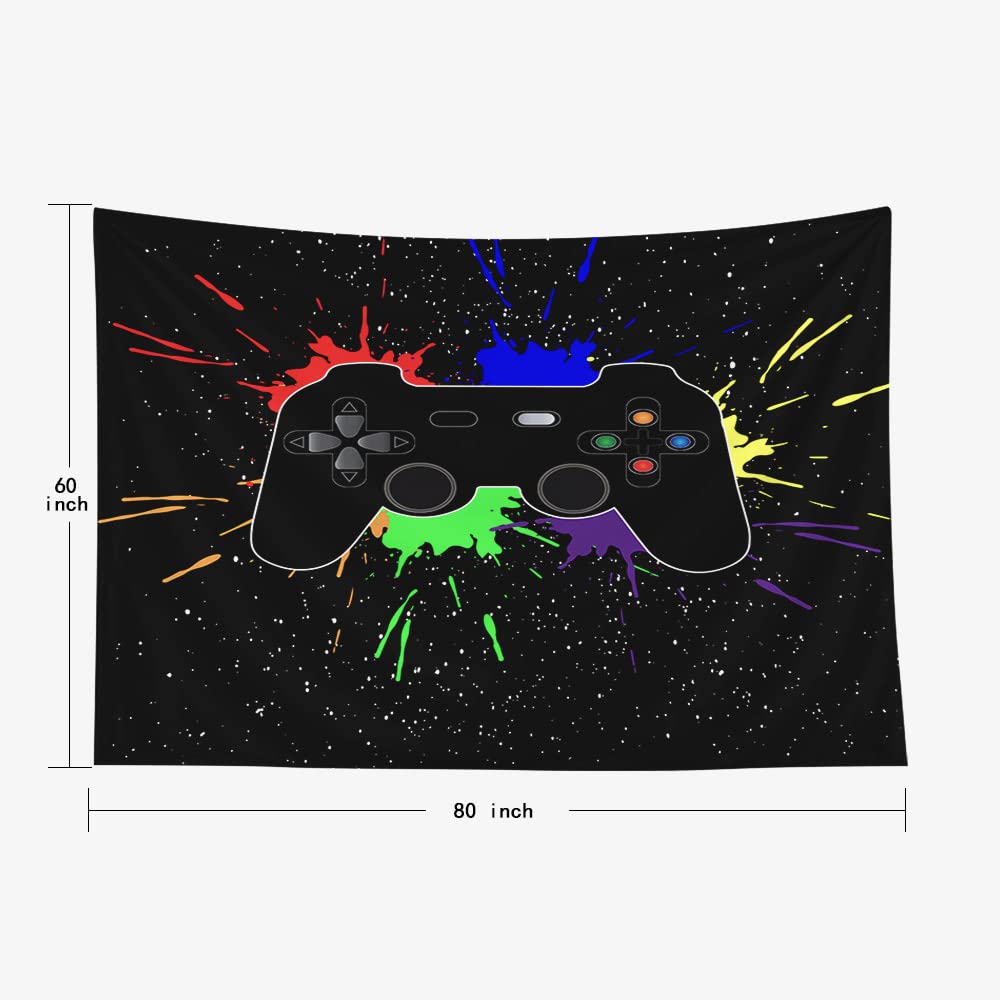 Crannel Game Joystick and Multi-Colored Blots on a Black Background White Dots Spray Effect Wall Hanging Tapestry 80X60 Inches Tapestries for Dorm Room Living Home