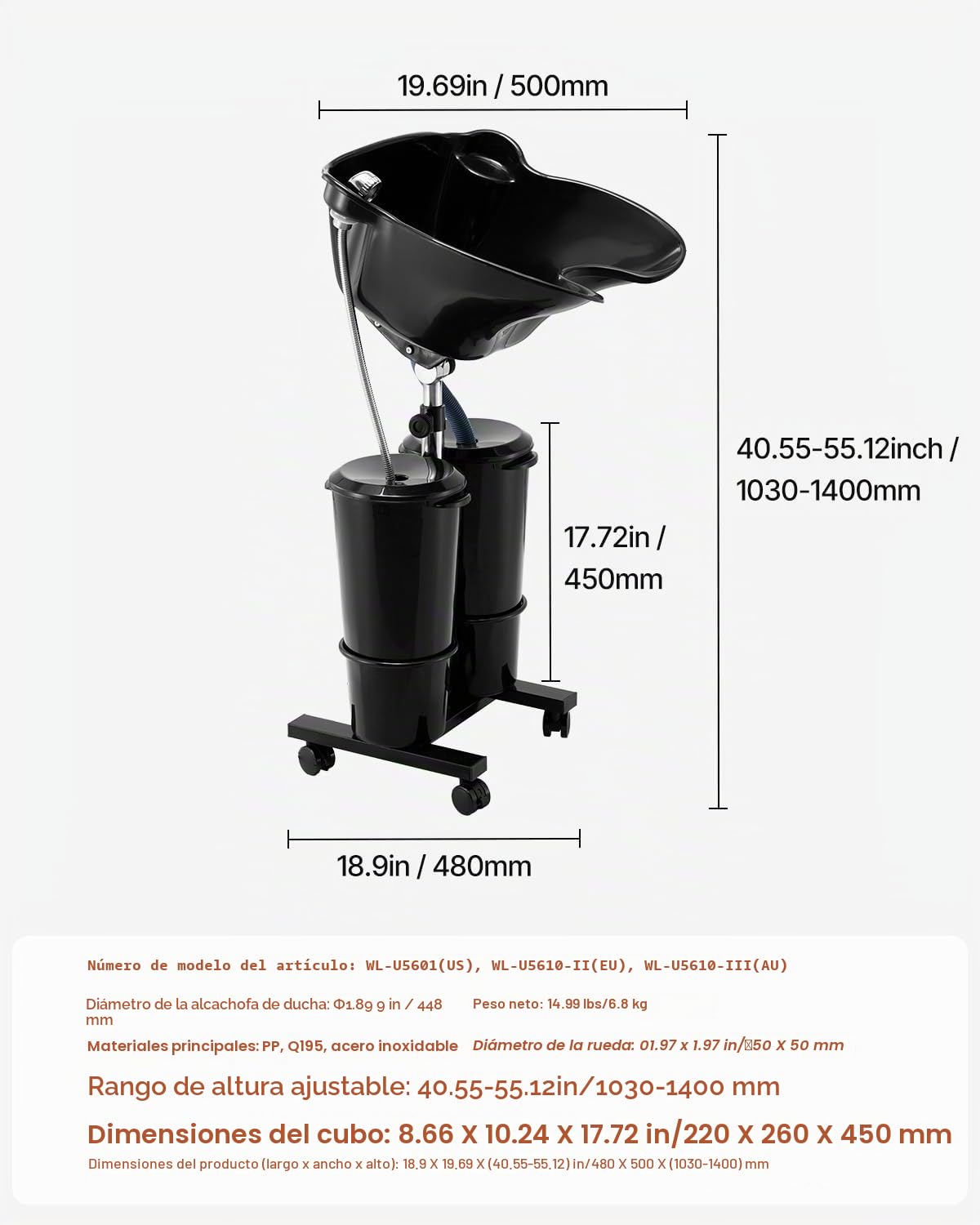 VEVOR Lavabo Portátil para Champú con Bomba Eléctrica, 2 Baldes, 2 Cabezales de Ducha, Manguera de Drenaje, Lavabo para Champú Portátil Ajustable en Altura y Ángulo para Uso en Salón Doméstico, Negro
