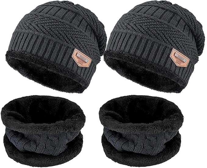 Winter Knit Beanie Hat and Scarf Set, 2 Pack, Fleece Lined, Dark Grey, Warm Thermal-image-49