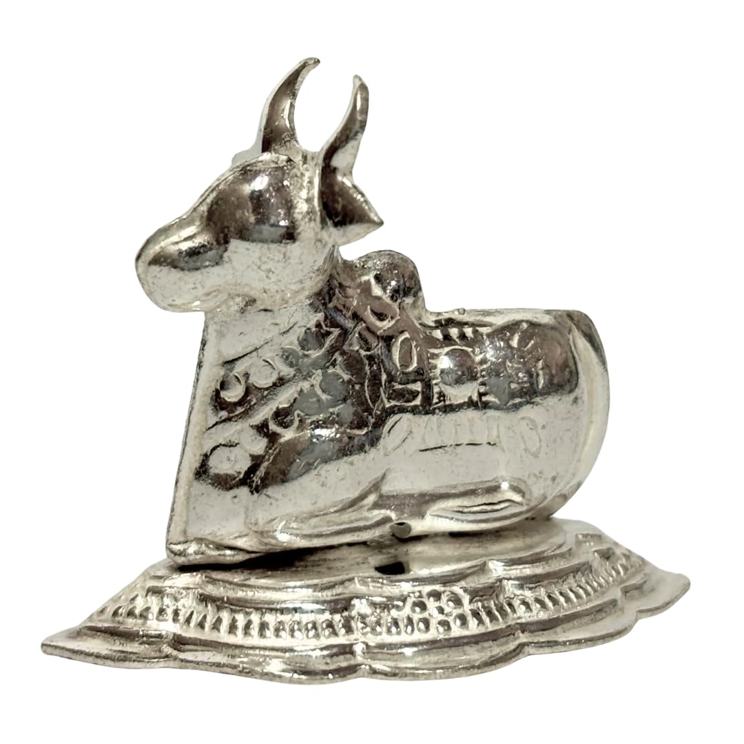 Vail Creation German Silver Nandi Bull Idol Decoration for Shivling Pooja Room Gift Worship Office Home Decor Items | Silver Lord Shiva Nandi Gomata Statue