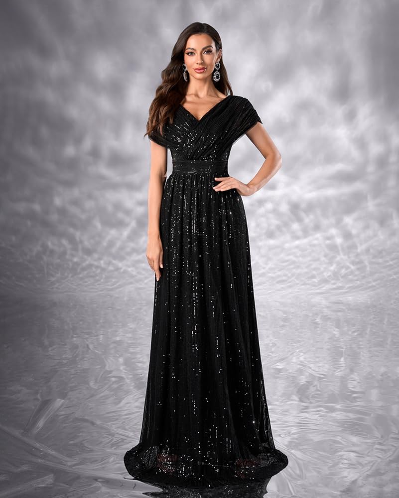 Women's Sequin V Neck Prom Maxi Dress A Line Ball Gown Formal Wedding Dresses