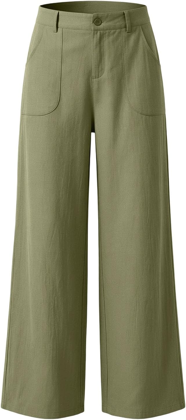 Womens Casual Pants High Elastic Waisted Loose Fit Summer Spring Pants Wide Leg Work Solid Trousers with Pockets