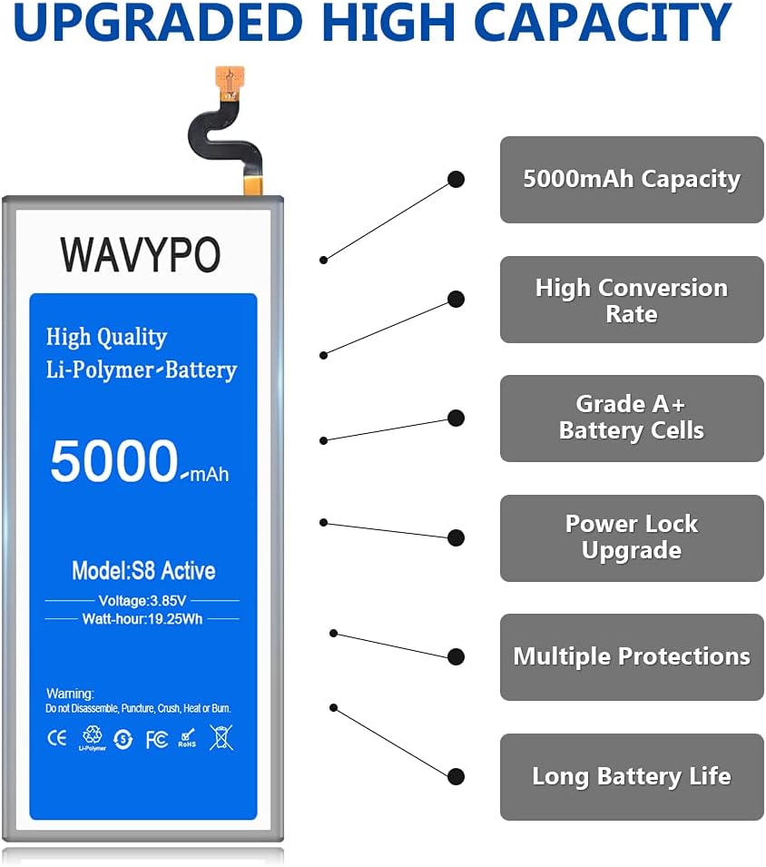 WAVYPO 5000mAh Battery for Galaxy S8 Active, Upgraded Lithium Polymer Battery Replacement for Samsung Galaxy S8 Active EB-BG892ABE SM-G892, SM-G892A with Repair Toolkit
