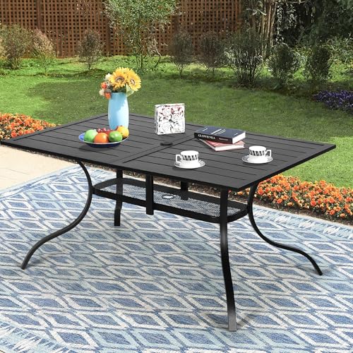 Image of SUNCROWN 60 inchx37 inch Black Patio Outdoor Dining Table Metal Steel Slat Rectangular Bistro Table for Porch Deck Garden Backyard Poolside, 1.57 inch Umbrella Hole