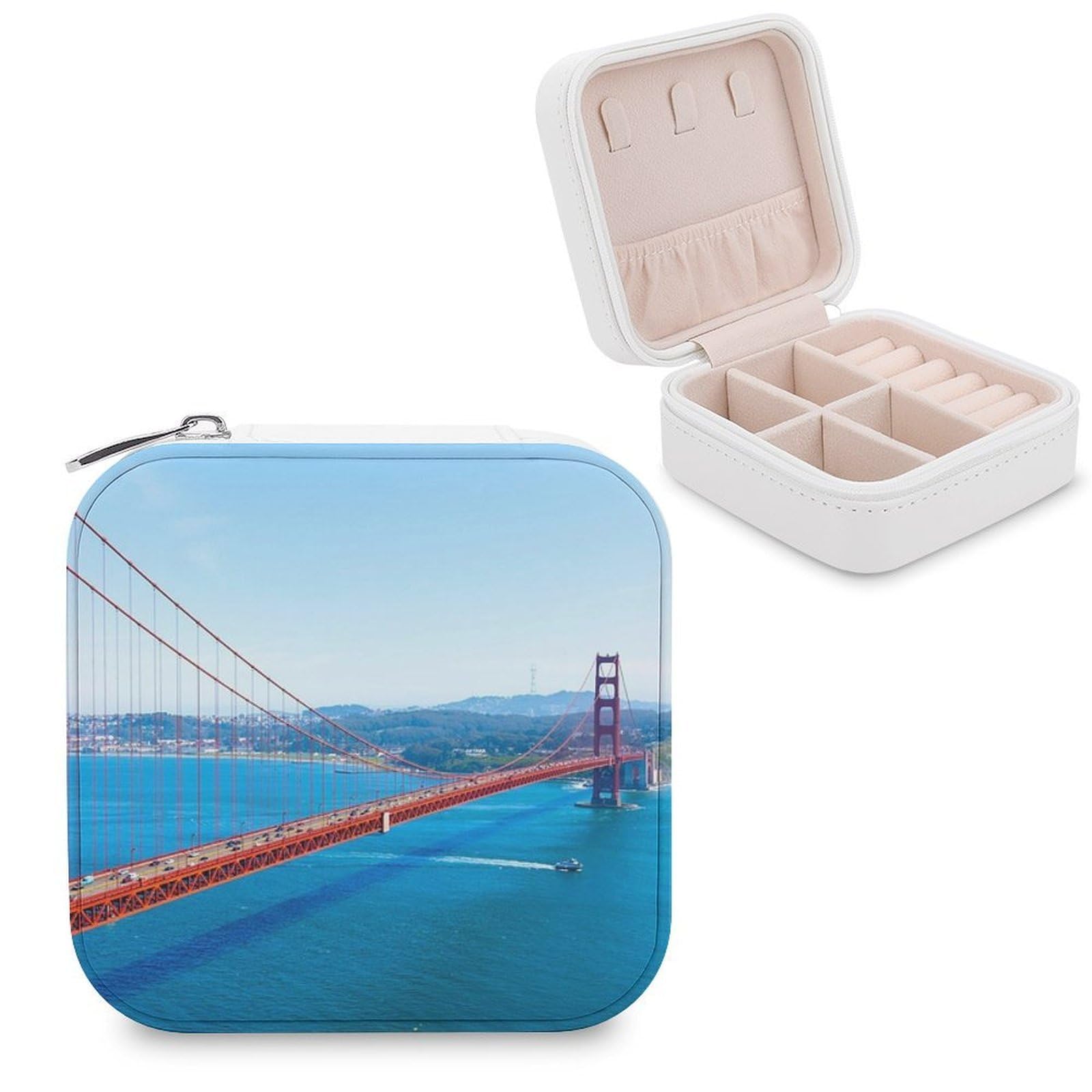 Boîte à bijoux en cuir PU Golden Gate Bridge et doublure flanelle haute protection