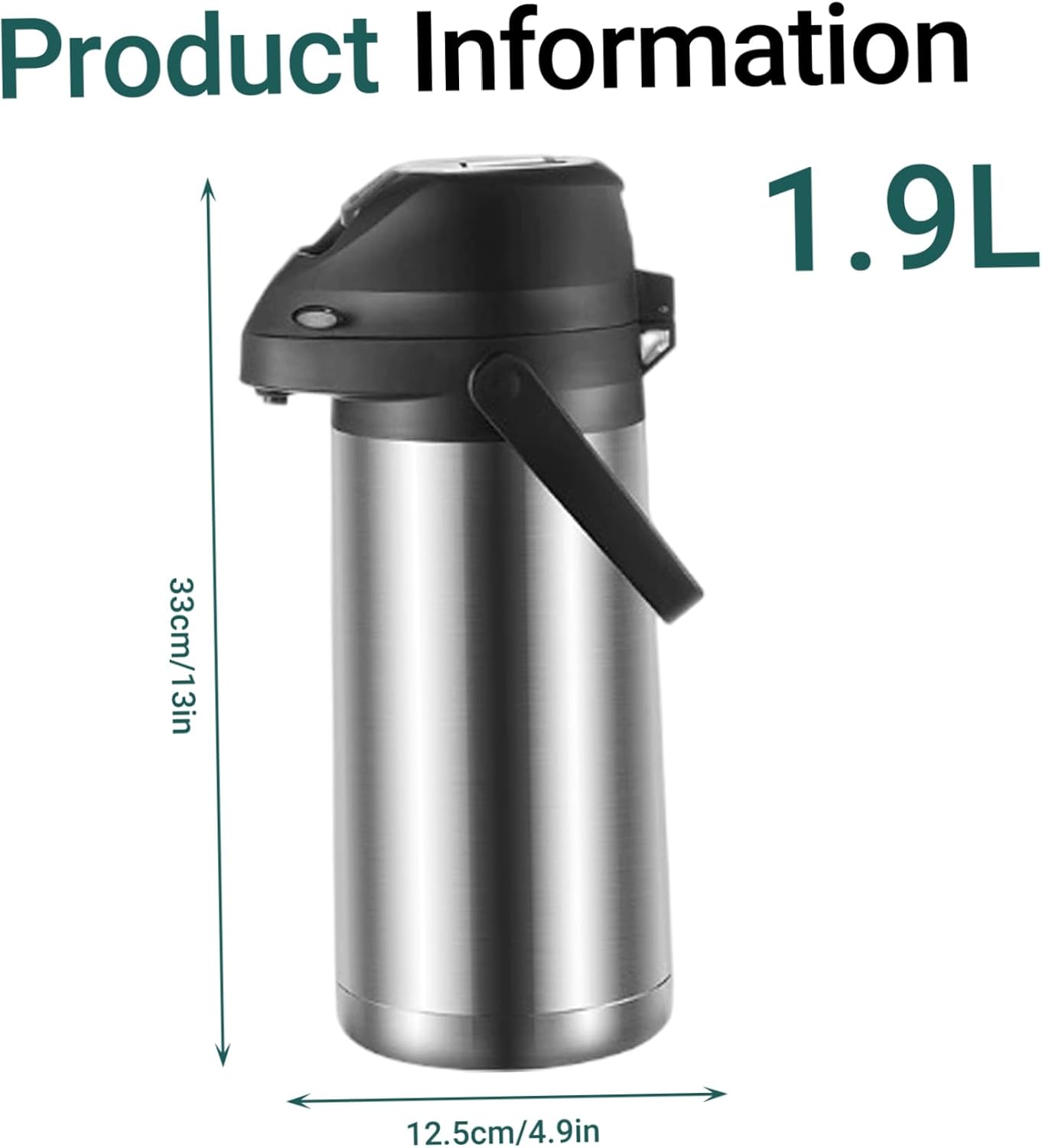 Hot Water Flask Hot Water Dispensers, Stainless Steel Flask with Pump Mechanism, Lightweight and Robust with Carry Handle, Ideal for and Cold Drinks, 1.9L