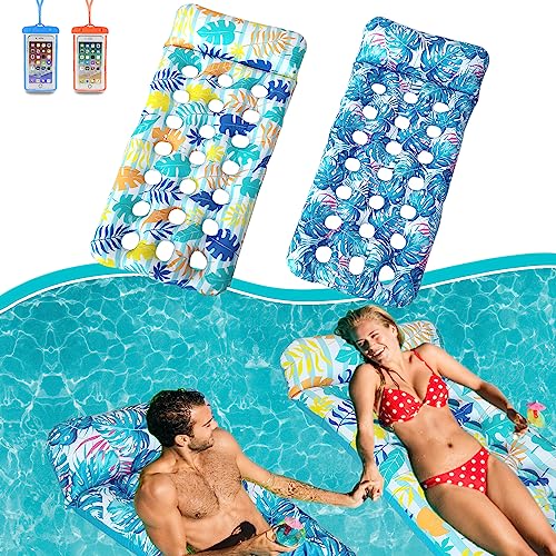 Weeupolfun Hamaca de Agua Inflable, 2 Pcs Hamaca Flotante para Adultos Juguetes de Playa, Flotador de Piscina con Estampado de Hojas de Palma con Tema de Selva Tropical para Fiesta de Verano (Estera)