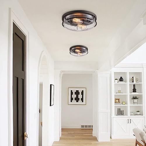 Miniatura 3 de Aiwen Farmhosue - Lámpara de techo empotrada con acabado de bronce aceitado cerca del techo con vidrio sembrado, moderna lámpara de techo redonda