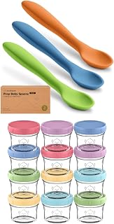 KeaBabies 3-Pack Silicone Baby Spoons and 12-Pack Baby Food Containers - Toddler First Food Training Spoon - 4 oz Leak-Proof, Microwavable Feeding Container