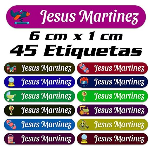 45 Etiquetas Adhesivas Personalizadas con Juguetes para marcar objetos, libros, fiambreras, etc. Medida 6 x 1 cm