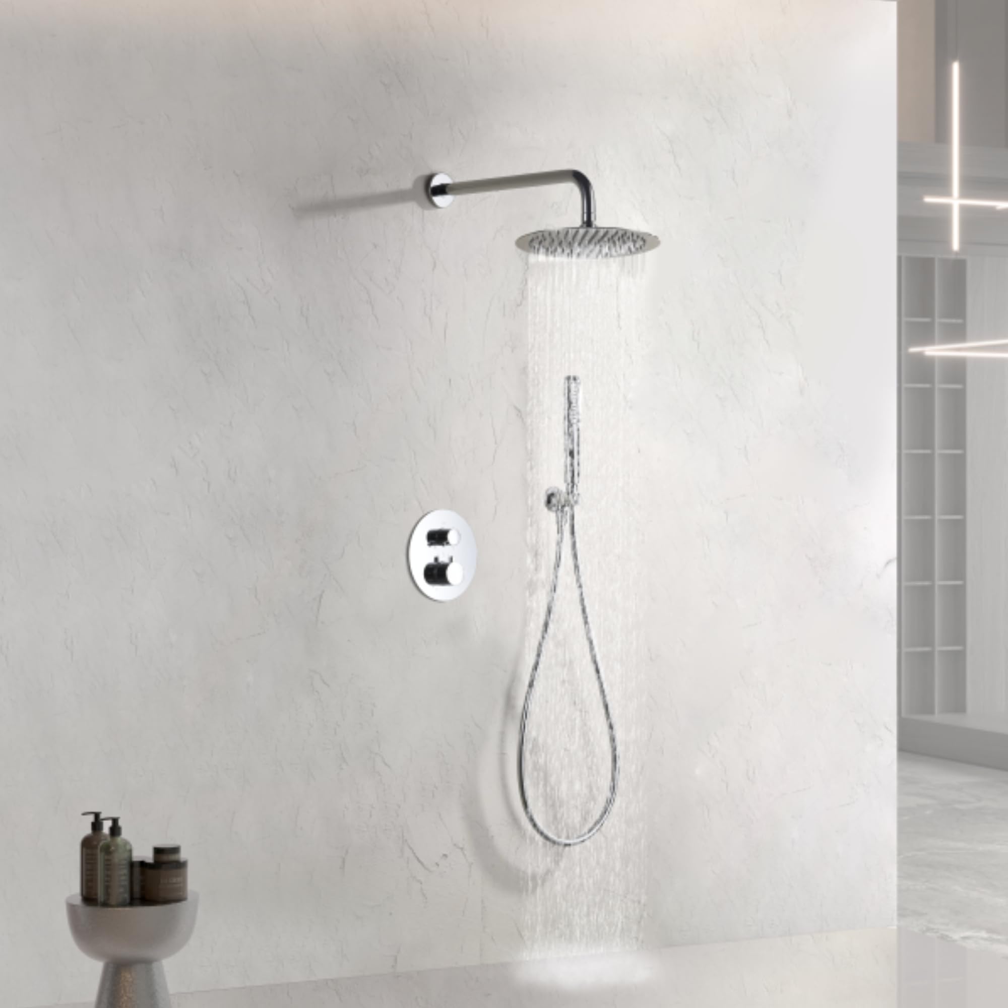 IMEX - Ducha Empotrada Termostática Cromada | Conjunto de Grifería Empotrado con Alcachofa y Rociador Antical Efecto Lluvia | Ducha Empotrada con Grifo en Latón y Acero Inox S.304 | Serie Nápoles