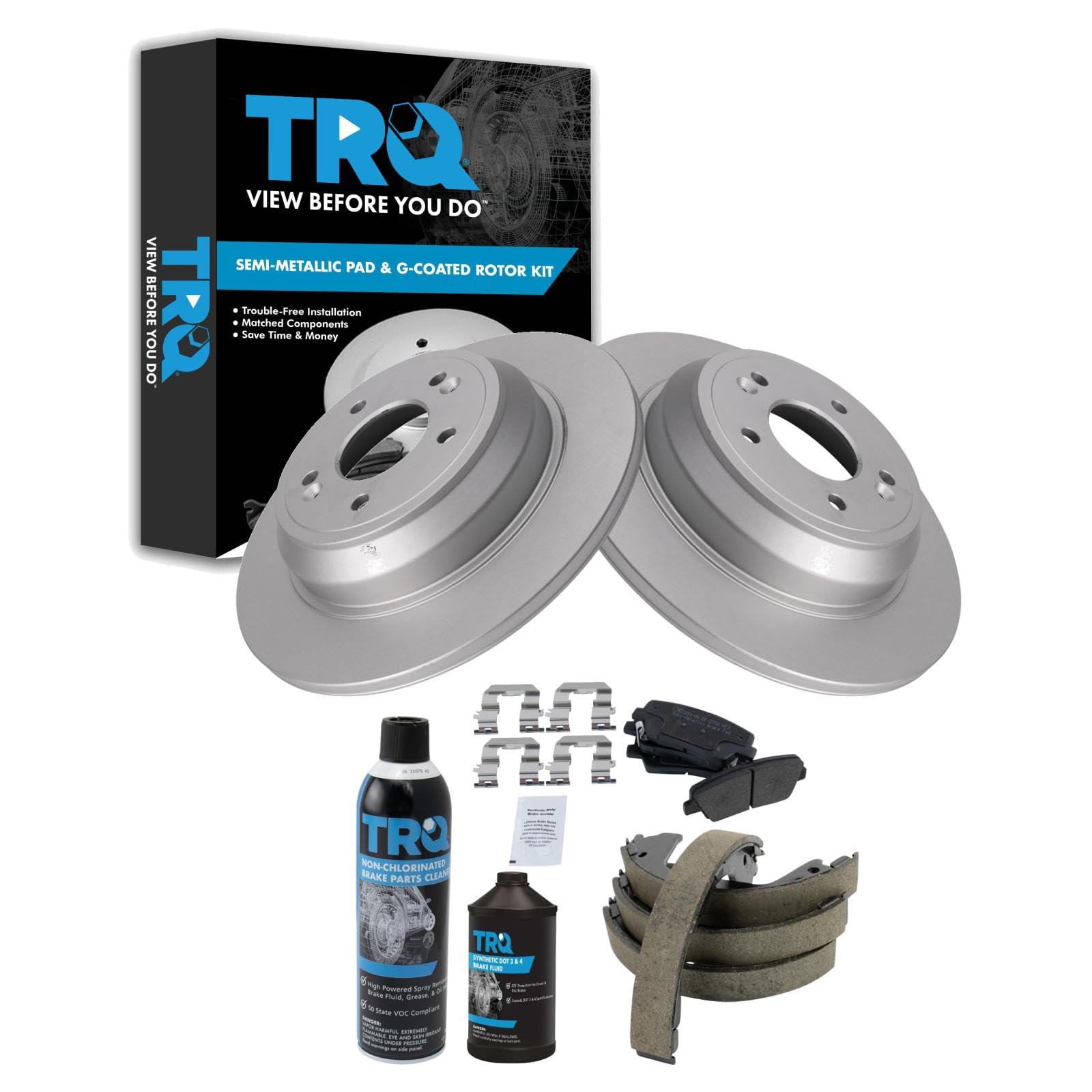 TRQ Rear Brake Pad &amp; Rotor Kit, with Chemical Kit Parking Brake Shoe Set Semi-Metallic Compatible with 2009 Hyundai Genesis