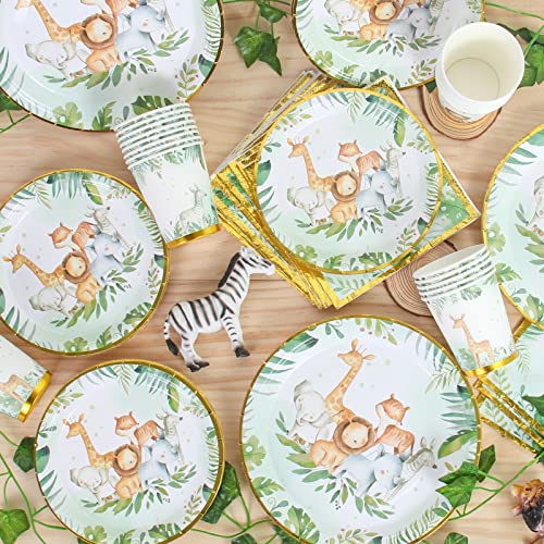 Safari Jungle Baby Shower Plates - Safari Birthday Party Supplies Paper Plates And Cups And Napkins Sets For 24 Guests,Safari Party Baby Shower Decorations For Boy , Animals Theme Disposable Tableware Set #TOP4