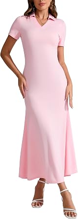 Womens Short Sleeve Maxi Dress Polo Collar V Neck Long Dress Elegant Mermaid Dress